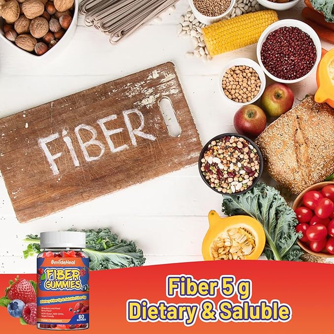Fiber Gummies, Dietary Fiber, for Women and Men, Gut Health Support, Non-GMOs, Non-Gluten, Vegan, Mixed Berry and Strawberry Flavor, 60 Count Gummies