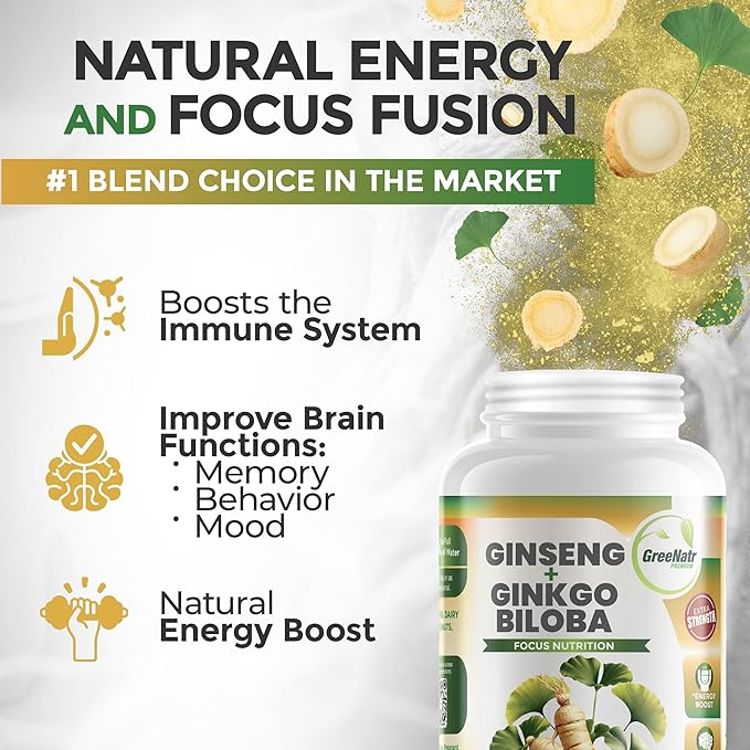 GreeNatr Ginko Biloba & Panax Ginseng Supplement - Red Ginseng Brain Supplement for Memory and Focus - Ginkgo Biloba Supplements for Good Vision, Immune System and Improved Blood Flow - 120 Tablets
