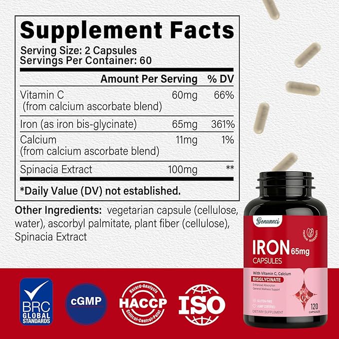 Iron Supplement - Iron 65mg High Absorption Iron Bisglycinate with Vitamin C, Calcium, Gentle Iron Pills for Women Men - Non GMO & Gluten Free, Stomach Friendly, 120 Capsules
