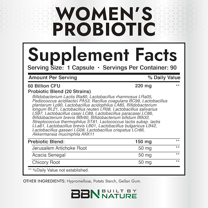 Built by Nature Probiotic for Women 60 Billion CFU – 20 Strains + Prebiotics – Vaginal & Digestive Support – Delayed Release Capsules, Shelf Stable – 3 Month Supply - 90 Capsules