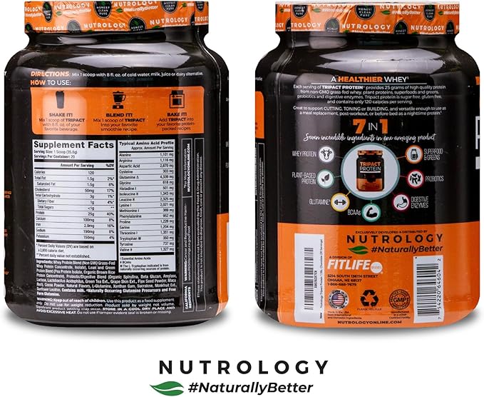 Nutrology TRIPACT Protein Powder - 7-in-1 Meal Replacement Shake with Grass Fed Whey Protein Powder, Pea, Rice, Greens for Muscle Recovery & Immunity, Creamy Chocolate Flavor, 20 Servings