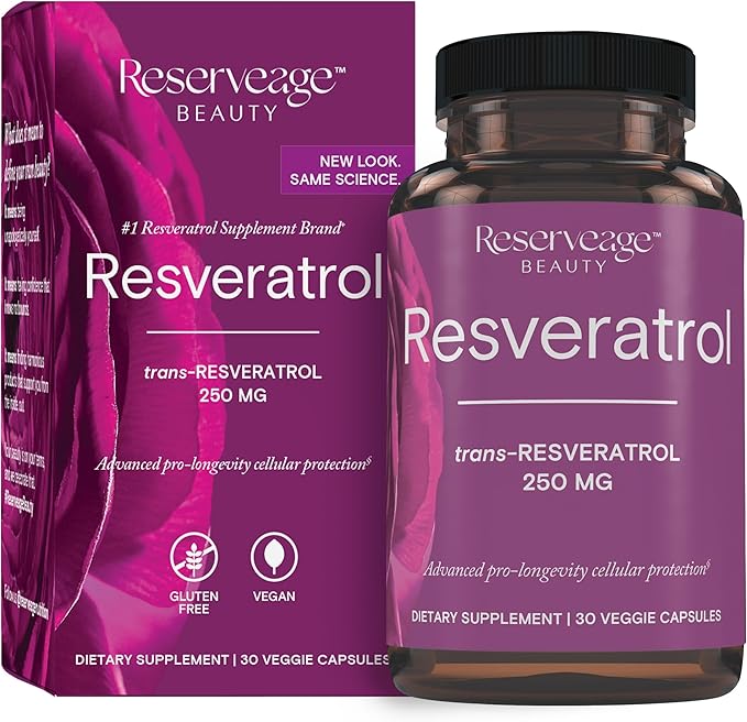 Reserveage Beauty Resveratrol 250 mg - Best Trans-Resveratrol - Vegan Antioxidant Supplement for Cellular & Heart Health - Aids Healthy Aging & Immune Health - 30 Vegetable Capsules (30 Servings)