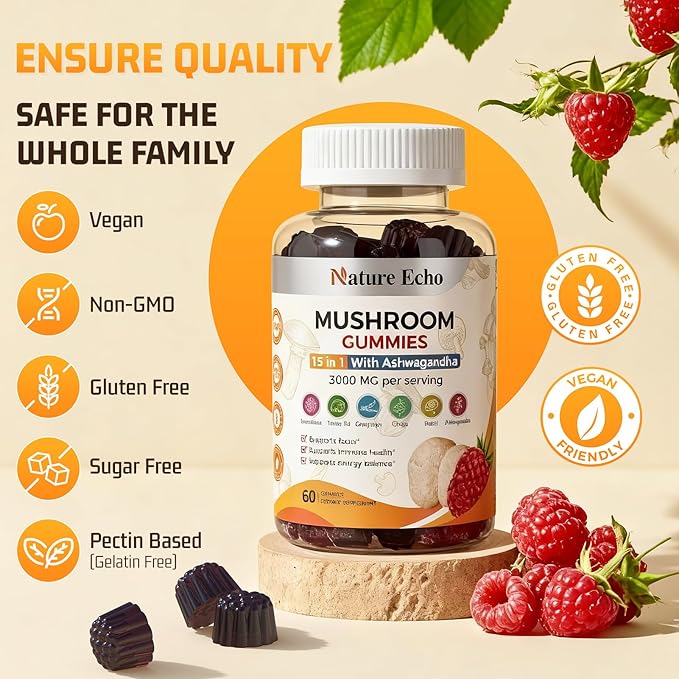 15 in 1 Mushroom Complex Gummies & Ashwagandha Gummies 3000 mg - Lions Mane, Reishi, Turkey Tail & More | Mushroom Supplement for Cognitive Function, Focus & Memory | Raspberry Gummies| Sugar-Free