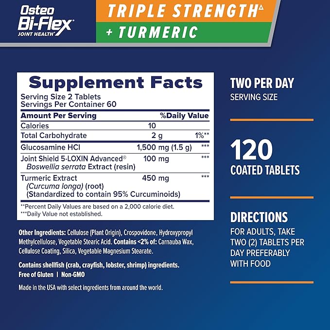 Osteo Bi-Flex Glucosamine Triple Strength Plus Turmeric Supplement with Curcumin for Joint Support and Range of Motion, 60 Day Supply, 120 Coated Tablets, Joint Health Nutritional Supplements