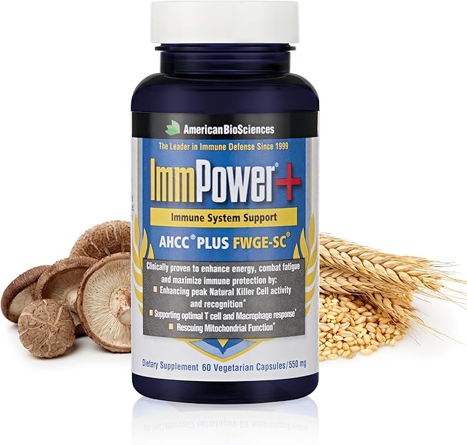 American BioSciences ImmPower Plus, AHCC & Fermented Wheat Germ Extract Herbal Supplement, 550mg per Capsule for Immune Support, Maintains Natural Killer Cell Activity, Pack of 1, 60 Veggie Capsules