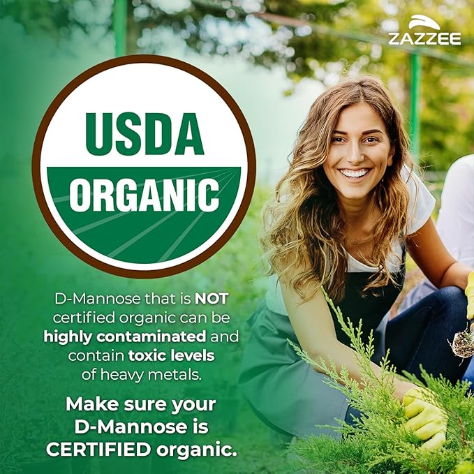 Zazzee USDA Organic D-Mannose, 1000 mg Per Serving, 120 Vegan Capsules, 2 Month Supply, Non-GMO, Urinary Tract & Bladder Support, Potent & Fast-Acting, Lab Tested for Quality & Purity, Made in USA