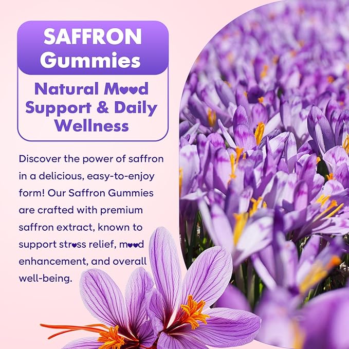 softbear Saffron Gummies for Kids & Adults, 10-in-1 Organic Saffron Supplements with 88.5mg Saffron Extract Support Calm Mind & Focus & Zzz, Sugar Free/Non-GMO, Strawberry Flavor 120 Count