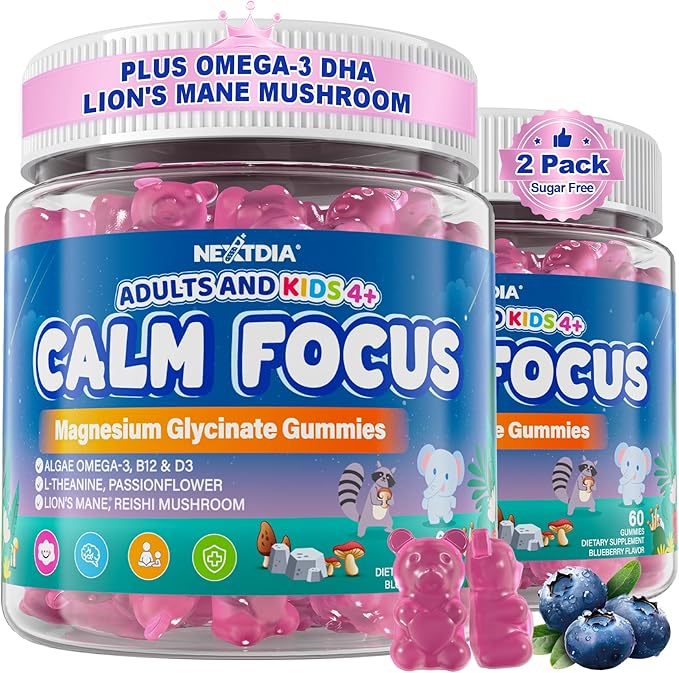 Focus Gummies for Kids & Adults, w/Magnesium Glycinate, Omega-3 DHA, Lion's Mane, L-Theanine, Methyl B12 & Vitamin D3, Brain Supplement Support Calm, Sleep, Attention, Concentration and Memory, 120Cts
