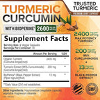 Turmeric Curcumin Supplement - 2400mg Organic Turmeric Per Serving - 95% Curcuminoids & BioPerine Black Pepper Extract for Best Absorption - Natural Vegan Joint Support, Bottled in USA - 120 Capsules