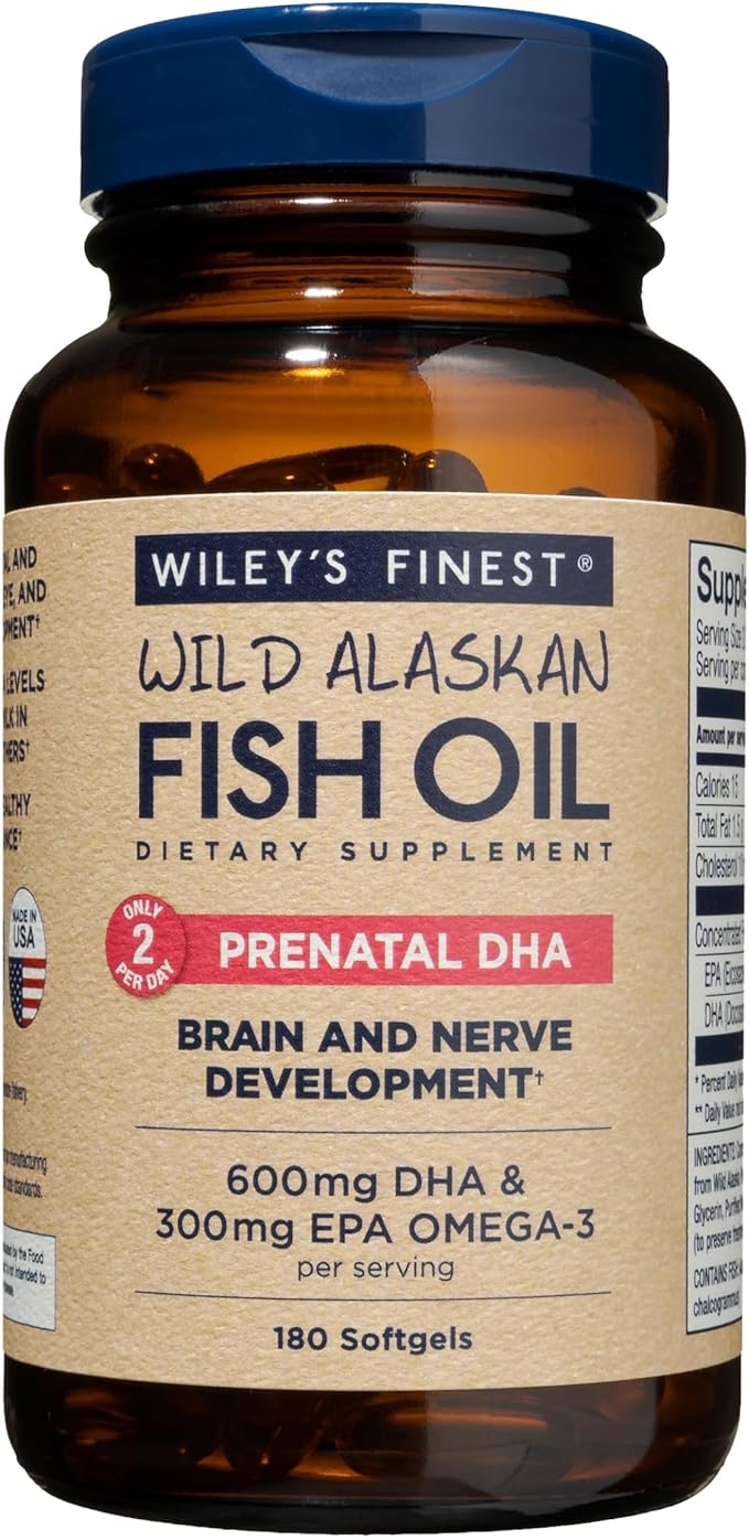 Wiley's Finest Wild Alaskan Fish Oil Prenatal DHA - 900mg EPA and DHA Omega-3s for Pregnant Women and Nursing Mothers - 180 Softgels (90 Prenatal Vitamin Servings)