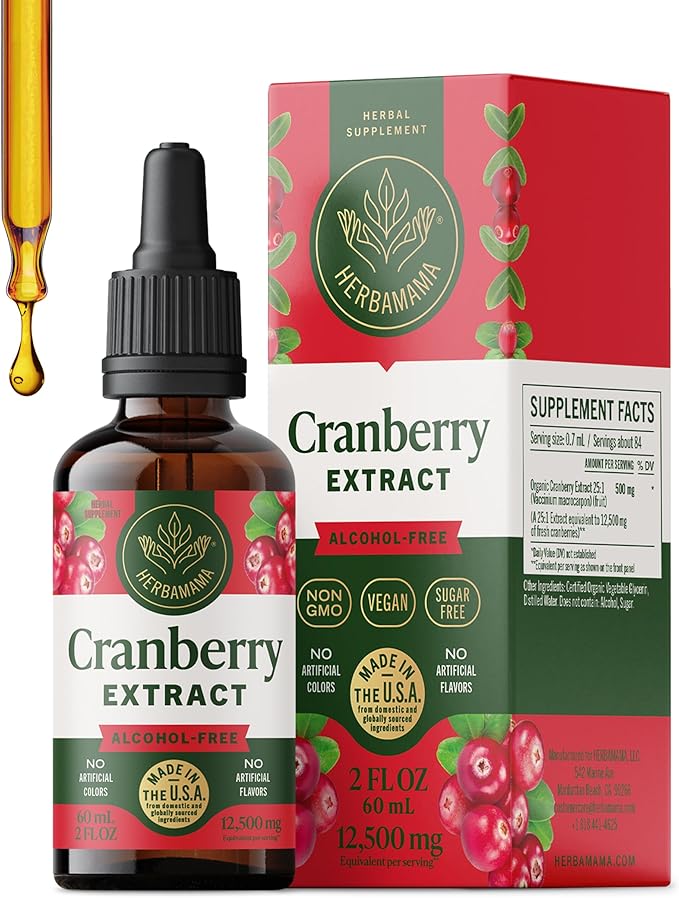HERBAMAMA Cranberry Supplement Drops - Vegan Urinary Tract Support for Men and Women with Cranberry Extract - Non-GMO, Alcohol & Sugar-Free Kidney Support Supplement, 42-Day Supply