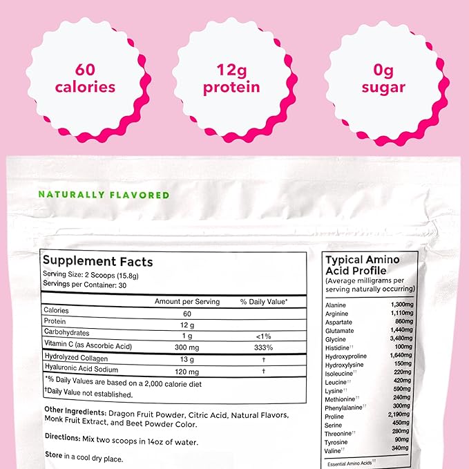 Collagen Peptides with Hyaluronic Acid & Vitamin C - Dragon Fruit Flavor (1lb/474g), Supports Skin, Hair, and Gut Health, 13g Hydrolyzed Collagen, Zero Sugar, High in Protein, Naturally Flavored