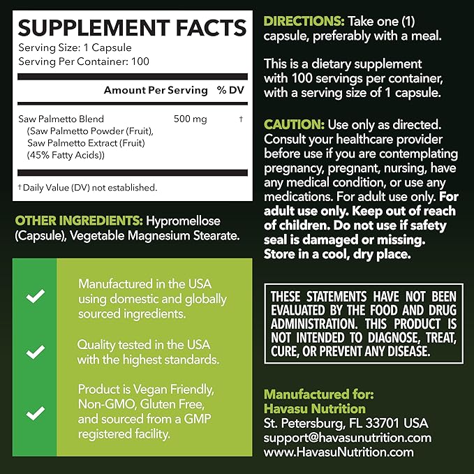 Saw Palmetto for Men Prostate Health Supplement to Promote Urinary Tract Function - 500mg Per Serving - 100 Count - DHT Blocker Hair Vitamin - Vegan, Non-GMO Capsules, Over 3 Month Supply