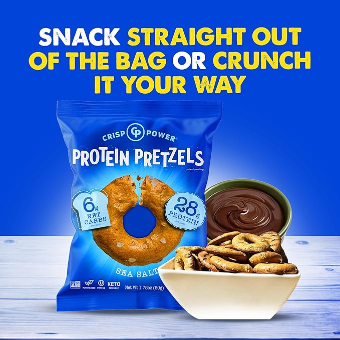 CRISP POWER Protein Pretzels, Sea Salt, 28G Protein, High Protein Snack, High Fiber, Low Carb Crunchy Pretzel Snacks, No Added Sugar, 1.75 oz Bags, 6 Pack, Vegan, Keto