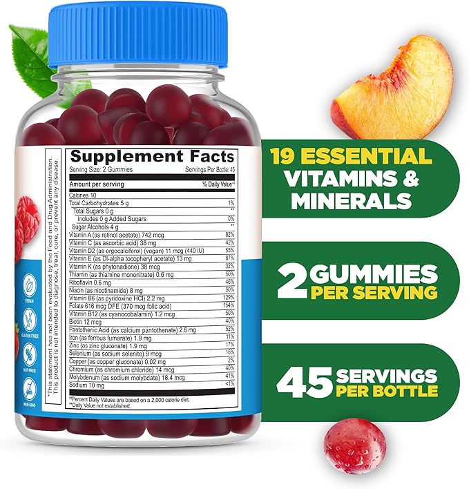 Lifeable Sugar Free Multivitamin Gummies | with Iron Vitamin A, C, D, E, Niacin, B6, Folate, B12, Biotin, Pantothenic Acid, Zinc | Great Tasting Adult Multivitamin Gummy | 90 Gummies