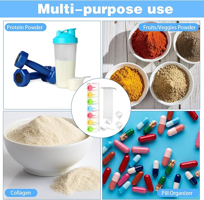 Shinylin Protein Powder Travel Container Set Reusable Powder Supplement Container 7 Pcs Single Dose Cases and 1 Pcs Large Travel Containers Drawstring Bags