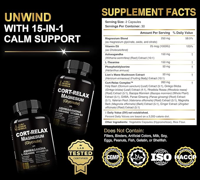 Super Calm Cortisol Supplements for Women & Men with Magnesium Glycinate, Ashwagandha, L-Theanine, Phosphatidylserine, Ginkgo & Lions Mane for Calm, Focus, Mental Clarity, Relaxation, Sleep, Energy