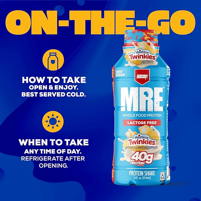REDCON1 MRE Ready to Drink Protein Shakes Hostess™, Twinkies - Lactose Free RTD Protein Made with Real Whole Food Protein Blends - Easy to Digest Nutritional Shake (12 Pack)