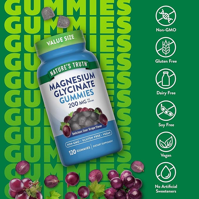 Nature's Truth Magnesium Glycinate Gummies for Adults | 200mg | 120 Count | Grape Flavor | Vegan, Non-GMO & Gluten Free Supplement