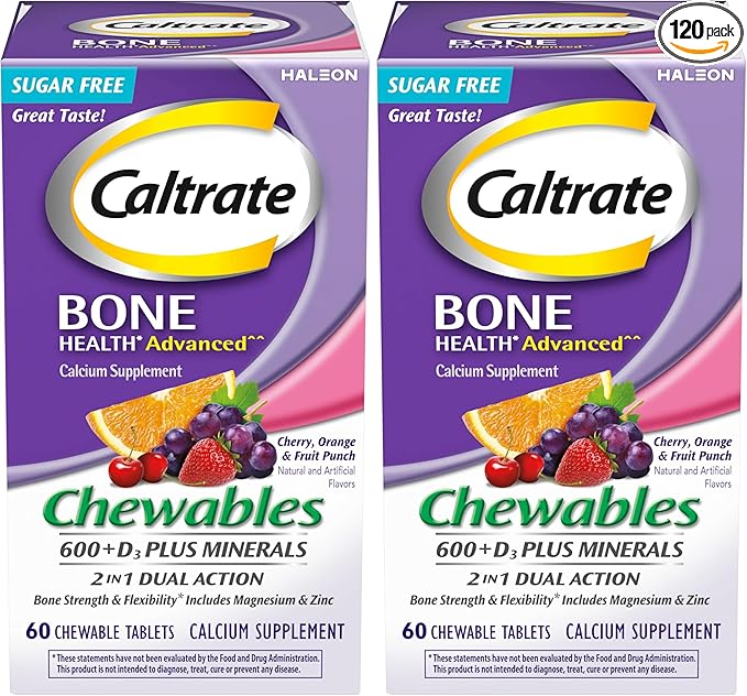 Caltrate Chewables 600 Plus D3 Plus Minerals Calcium Vitamin D Supplement, Cherry, Orange and Fruit Punch - 60 Count (Pack of 2)