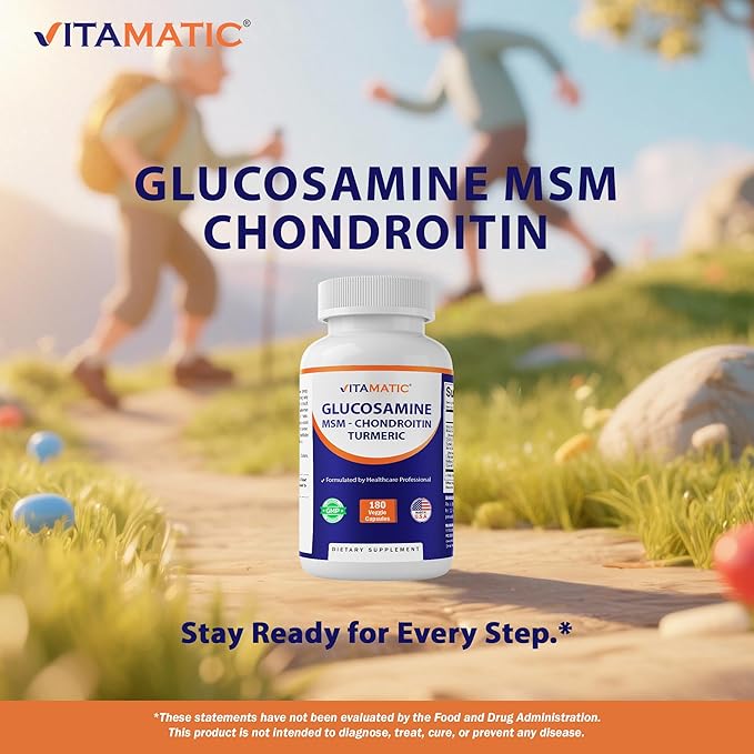 Vitamatic Glucosamine Chondroitin MSM 180 Veggie Capsules – Joint Support Supplement for Women & Men – Shellfish Free, Non-GMO