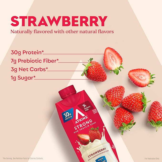 Atkins Strong High Protein Shake, Strawberry Flavored, 30g Protein, 7g Prebiotic Fiber, 1g Sugar Muscle and Gut Health Support, GLP-1 Support, Low Carb and Low Protein Shake, Gluten Free, 12 Count