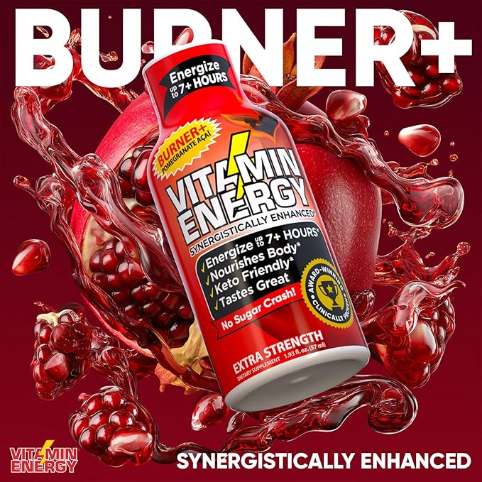 Vitamin Energy Burner+ Extra Strength Energy Shot Pomegranate Açaí 24 Pack, 260mg Natural Caffeine, 25mg Ketones, Green Tea, EGCG, Metabolism, Endurance, Zero Sugar, Gluten-Free, Vegan, 1.93 fl oz