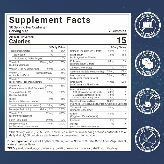 Mens Multivitamins Gummies with Vitamins A C D K E, B Complex, Omega-3, Digestive Enzymes, Lycopene, Calcium, Magnesium, Zinc - Support Brain, Muscle, Energy, Sugar Free, Vegan, 60Cts