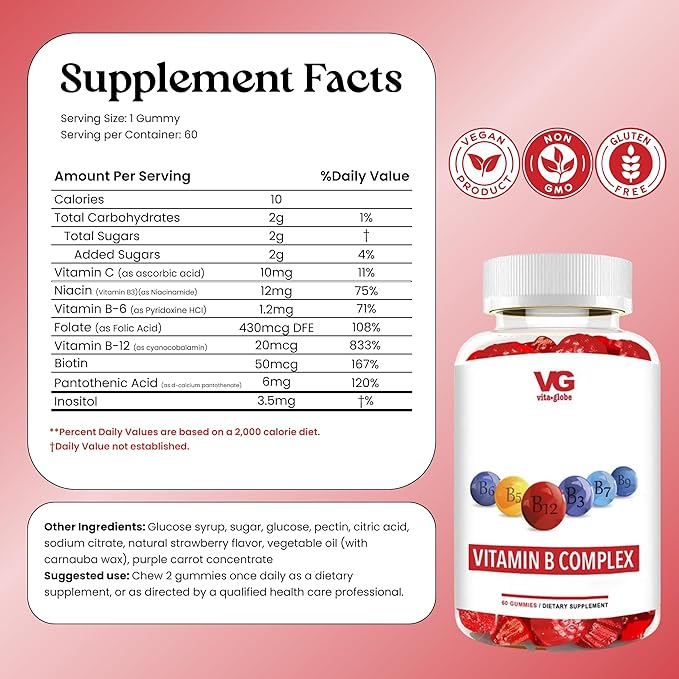 VITA GLOBE B Complex Gummy Vitamins – Strawberry Flavor with Vitamin C, Niacin, B6, B12 & Biotin | Daily Supplement for Energy, Metabolism & Cognitive Support | 60 Gummies (Pack of 1)
