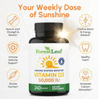 ForestLeaf Vitamin D3 50,000 IU | VIT D - VIT D3 Vitamin D Supplement for Women and Men | Bone Health, Teeth, Immune Support | Easy to Swallow Pills | High Potency WEEKLY Dose, 4-Year Supply, 240 Caps