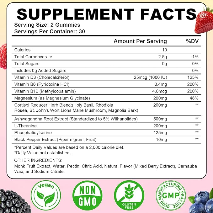 Cortisol Supplements for Women & Men, 13 in 1 Cortisol Detox, Cortisol Manager Reducer with Ashwagandha, Magnesium, L-Theanine, Cortisol Balance Gummies-Hormone Balance, Focus, Calm, zzZ, 120 Cts
