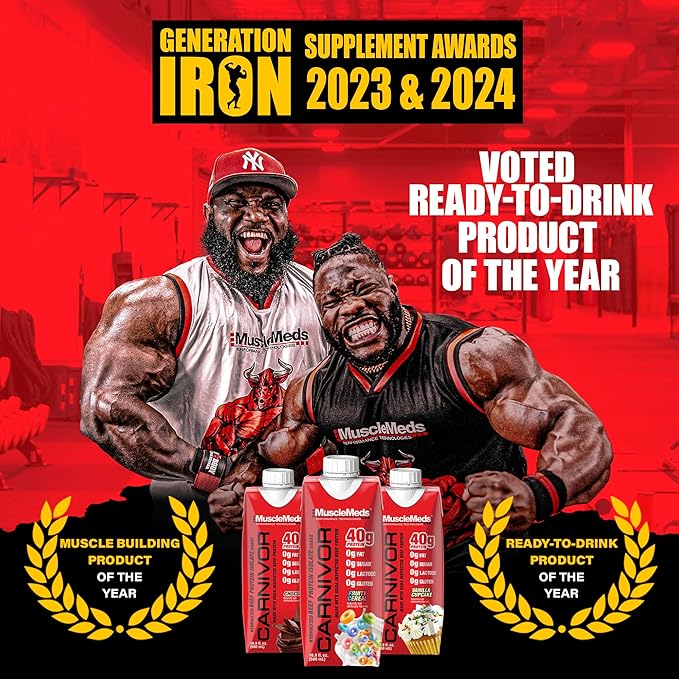 MuscleMeds Carnivor RTD, Ready to Drink Protein, Lactose Free, Sugar Free, 40g Isolate Protein, Muscle Building, Recovery, Halal Certified, Fruity Cereal, 16.9 Fl Oz (Pack of 12)