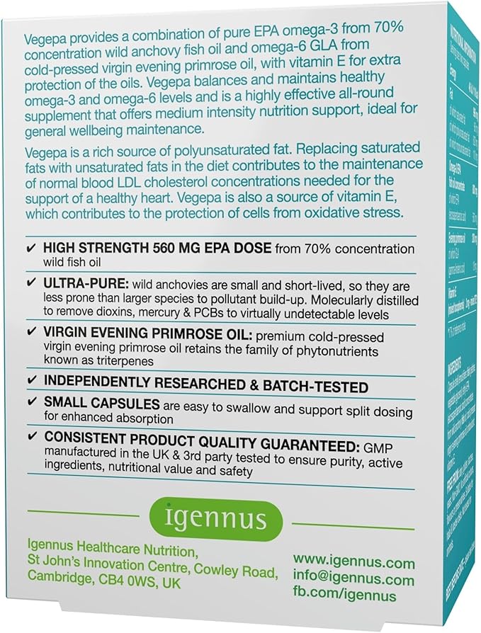 Igennus Vegepa Omega 3 Wild Fish Oil & Evening Primrose Oil Blend, 560 mg EPA Plus GLA, 60 Small Softgels
