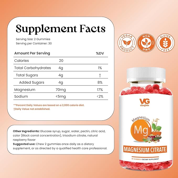 VITA GLOBE Magnesium Citrate Gummies 70mg, Relaxation, Muscle Recovery & Sleep Support, Magnesium Supplement, High Absorption, Vegan, Non-GMO, Bone & Energy, 2 Pack, 120 Count