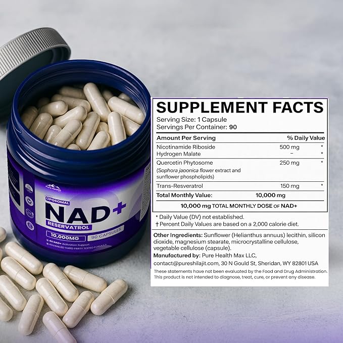 PURE HEALTH MAX PHM NAD Resveratrol Supplement - 10,000mg Extra Strength | NAD+ Liposomal Supplements for Men and Women | NMN & NMNH Alternative | 90 Capsules, 1.5 Months Supply