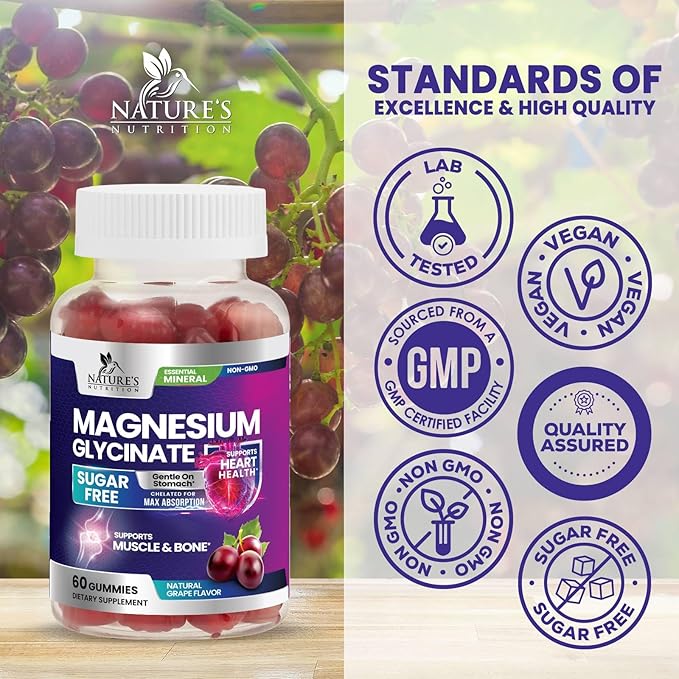Magnesium Glycinate Supplement Gummies - Magnesium Supplement with Bone Muscle Heart Health & Sleep Support - Gentle on Stomach & Chelated for Max Absorption - Grape Flavor & Sugar Free - 60 Gummies
