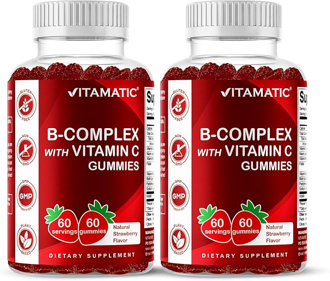 Vitamatic Vitamin B Complex Gummies with Vitamin C & Inositol - Natural Strawberry Flavor - 60 Gummies (2 Bottles)