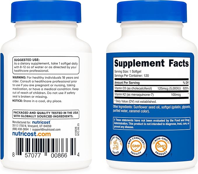Nutricost Vitamin D3 + K2 (5000 IU D3 / 100mcg MK7), 120 Softgels – Gluten-Free & Non-GMO