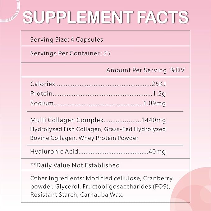OMOGS Collagen Peptides Capsule，Naturally Sourced Hydrolyzed Collagen with prebiotic & Cranberry Extract - Hair, Skin, Nail, Joint, Digestive Health & Immune Support, Non-GMO, 100 Capsule
