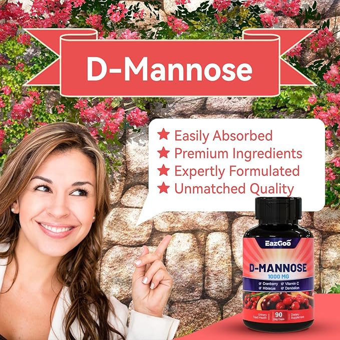 D-Mannose Supplement – 1000mg Capsules with Cranberry, Vitamin C, Hibiscus & Dandelion Extract, Support Urinary Health, D Mannose & Cranberry Capsules, 90 Count(Pack of 2)