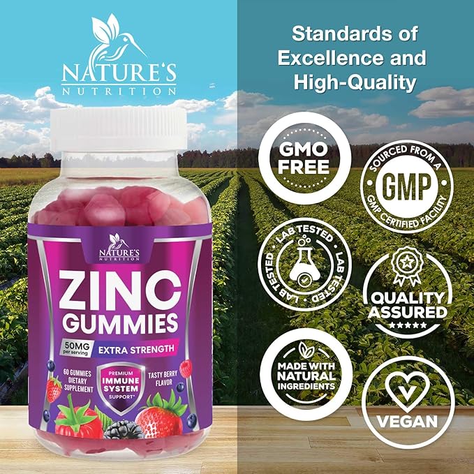 Zinc Gummies - 50mg Zinc Per Serving Immune Skin & Bone Support Health Gummy - Premium Antioxidant Chewable, High Absorption Vegan, Best Supplements Vitamin for Adults, Tasty Berry Flavor, 60 Gummies