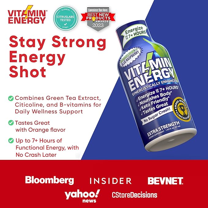 Vitamin Energy Immune+ Extra Strength Energy Shot Blue Raspberry 24 Pack, 260mg Natural Caffeine, B-Vitamins, Citicoline, Green Tea, Immunity & Focus Support, Zero Sugar, Gluten-Free 1.93 fl oz