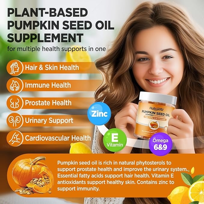 Pumpkin Seed Oil Gummies with Saw Palmetto, Pumpkin Seed Oil Extract for Hair Growth & Prostate Health, Cold-Pressed Supplements for Women Men, Vegan, Sugar Free, Lemon, 60 Chewable