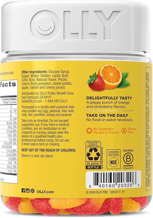 OLLY Kids Multivitamin Gummy Worms, Overall Health and Immune Support, Vitamins and Minerals A, C, D, E, Bs and Zinc, Kids Chewable Supplement, Sour Fruit Punch, 45 Day Supply - 100 Count
