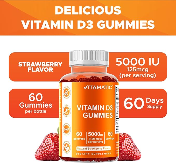 Vitamatic Vitamin D3 Gummies – 5000 IU Per Gummy | 60 Gummies per Bottle | Pack of 2 (Total 120 Count) Great Taste | Supports Bone, Teeth, Mood, Joint & Immune Health