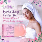 FIVONA Set of 5 Gentle Pink Yoni Herbal Soap Bars Ideal for Feminine Wash and Whole Body Cleanse Infused with Natural Ingredients - 5x 5.3 oz - Includes Exfoliating Scrubber Foaming Net