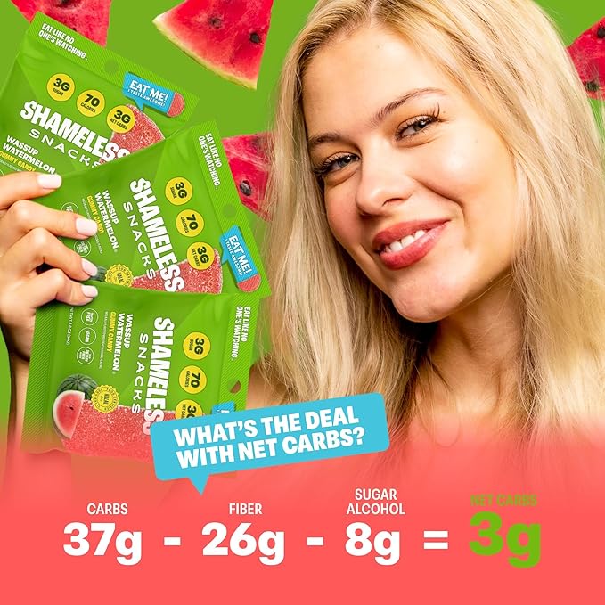 Shameless Snacks - Healthy Low Calorie Snacks, Low Carb Keto Gummies (Gluten Free Candy) - 6 Pack Wassup Watermelon