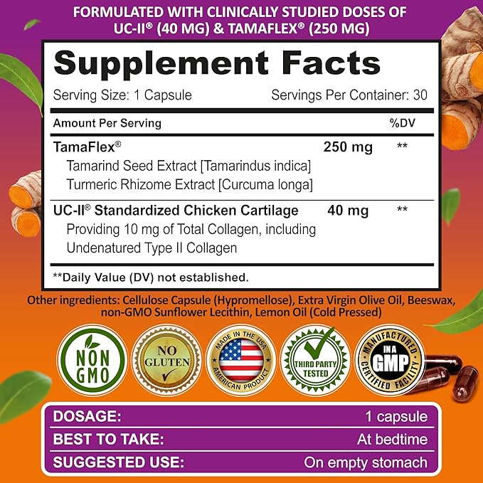 Joint Support Supplement with UC-II® & TamaFlex® – Undenatured Type II Collagen, Turmeric & Tamarind for Joint Health, Flexibility & Mobility – Natural Cartilage Support – Glucosamine-Free Capsules