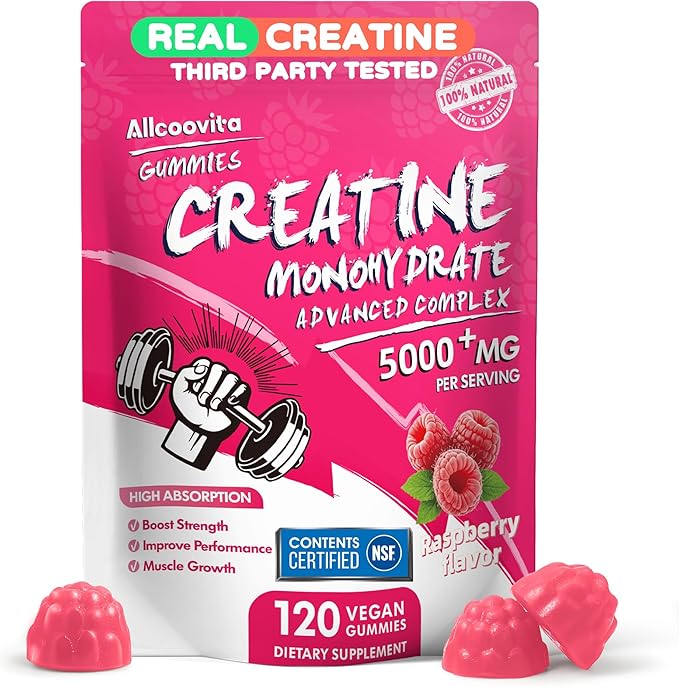NSF Certified Creatine Gummy - Creatine Monohydrate Gummies 5000mg for Men & Women -120 Gummies Advanced Formula, Muscle Strength, Muscle Builder, Energy Boost, Pre-Workout Supplement-Raspberry