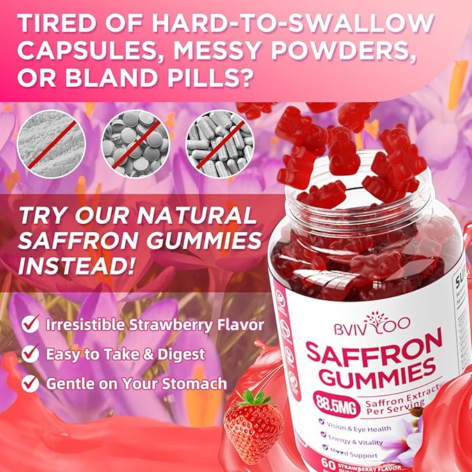 Saffron Gummies for Adult Kids, 10-IN-1 Formula with Saffron 88.5mg, Vitamins D3 & B6, Magnesium, Zinc, Ashwagandha, L-Theanine, St. John's Wort - Supports Mood & Focus, Strawberry Flavor, 60 Count